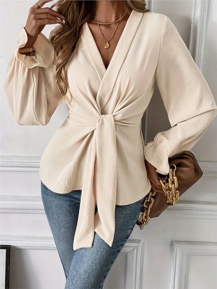 

Fashion Ruffles Lace-up Shirt For Women Elegant Long Sleeve V Neck Pullover Shirts Top Lady Office Womens Clothing Spring Autumn