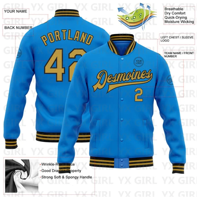 Custom Electric Blue Old Gold-Black Bomber Full-Snap Varsity Letterman Jacket 3D Printed Baseball Button Jacket