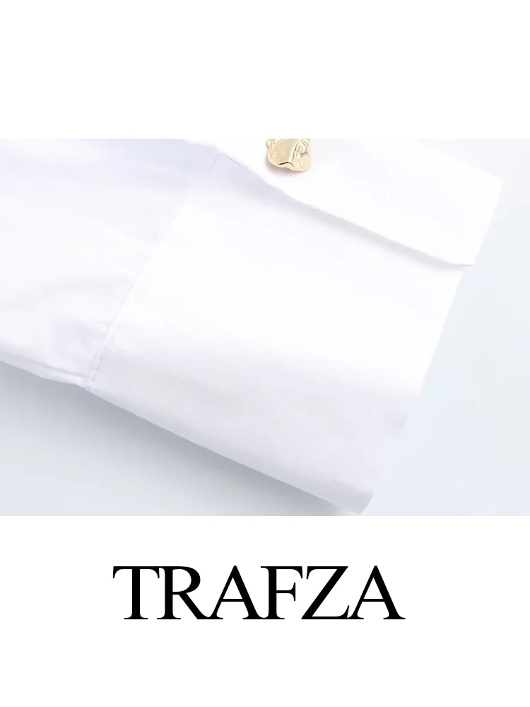 TRAFZA Woman Single-breasted Gold Button Decoration Shirts Top Spring Women Elegant Solid Turn-down Collar Long Sleeves Blouse