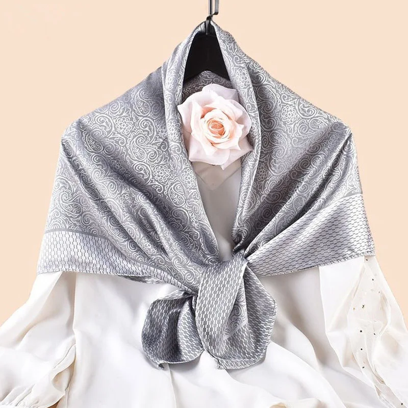 Luxus Blumendruck Seide Quadrat Schal Frauen Weiche Satin Kopftuch Halstuch Kopf Hijab Dame Stirnband Foulard Tasche Ribbo 90x90 cm – Detail 3