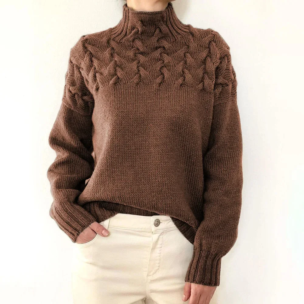 Women Cable Weaving Knitted Sweater Autumn Winter High Neck Splicing Long Sleeve Sweaters Commuter Warm Thin Knit Pullovers