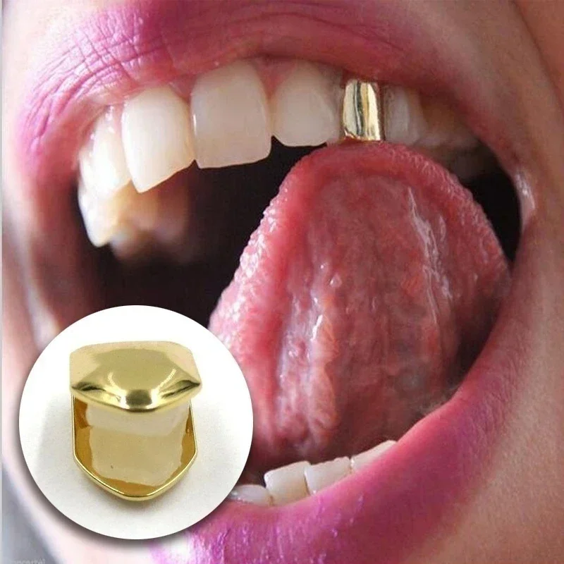 1Pcs New 4 Colors Custom Fit Gold Plated HipHop Single Tooth Grillz Cap Top Bottom Dental Grill Teeth Caps Halloween Cosplay