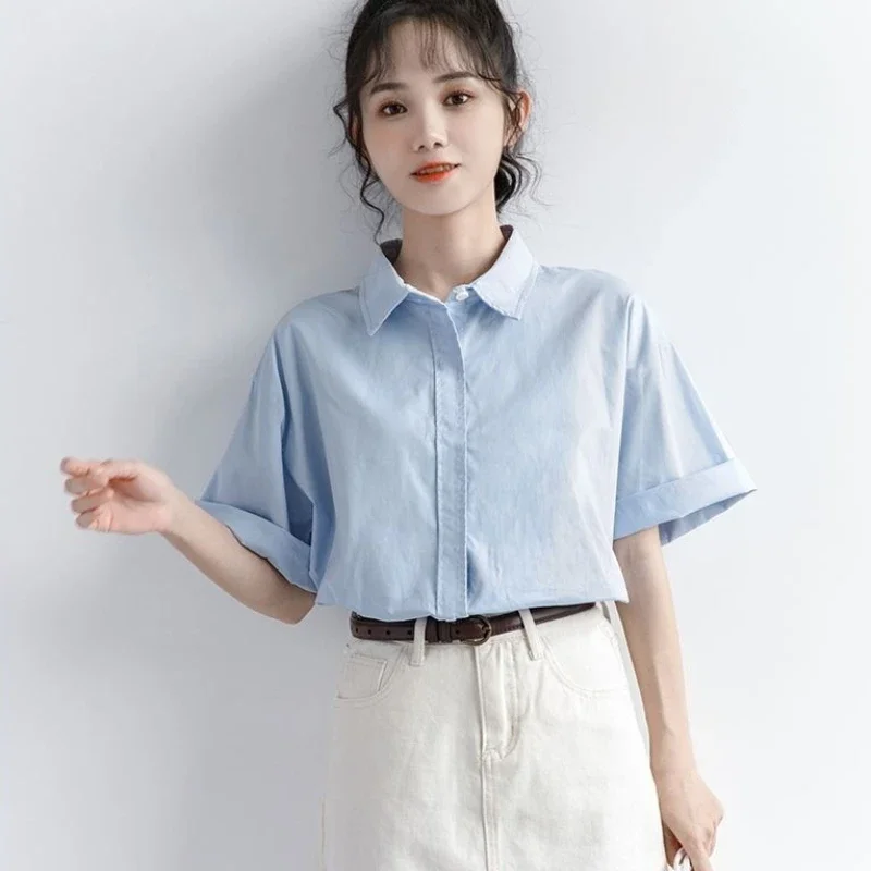 Shirts Women White Summer Casual Short Sleeve Preppy Style Solid Streetwear Holiday Tops Korean Fashion New Chic Popular Blusas