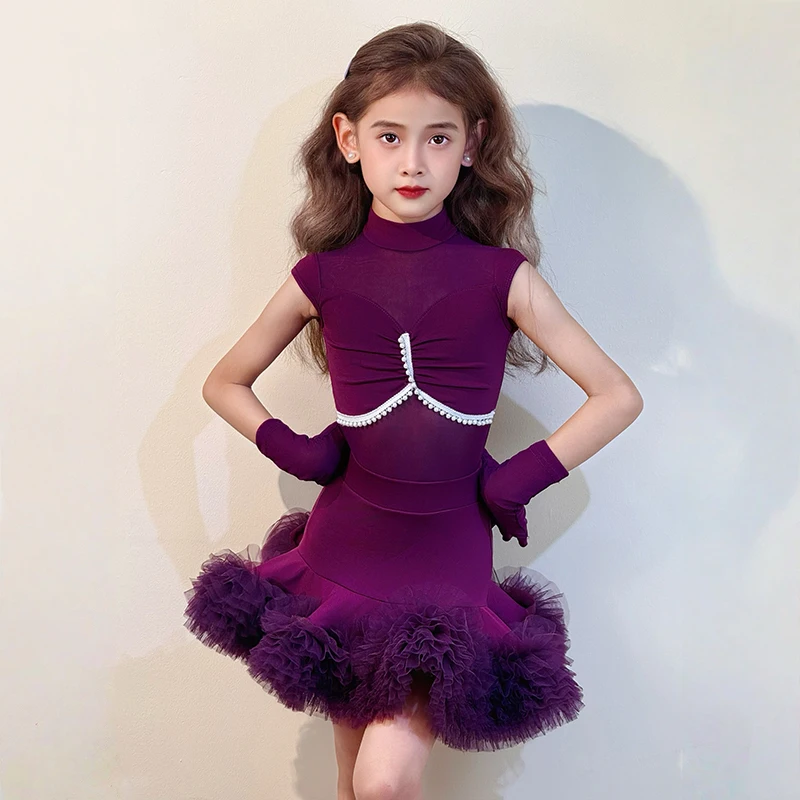 Kids Girls Latin Dance Dresses Mesh Sleeveless Bodysuit and Chiffon Tutu Skirt Dancewear Ballroom Training Competition Costume