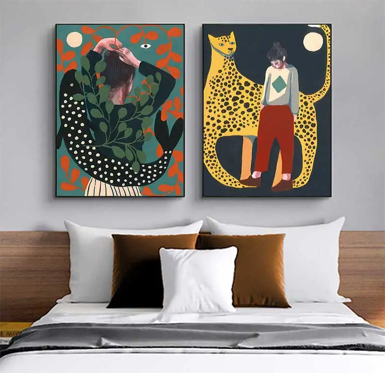 Nordic Canvas Painting for Home Decor, Woman Illustration Posters, Fish and Animals Prints, Jagua Wall Art, Living Room Image