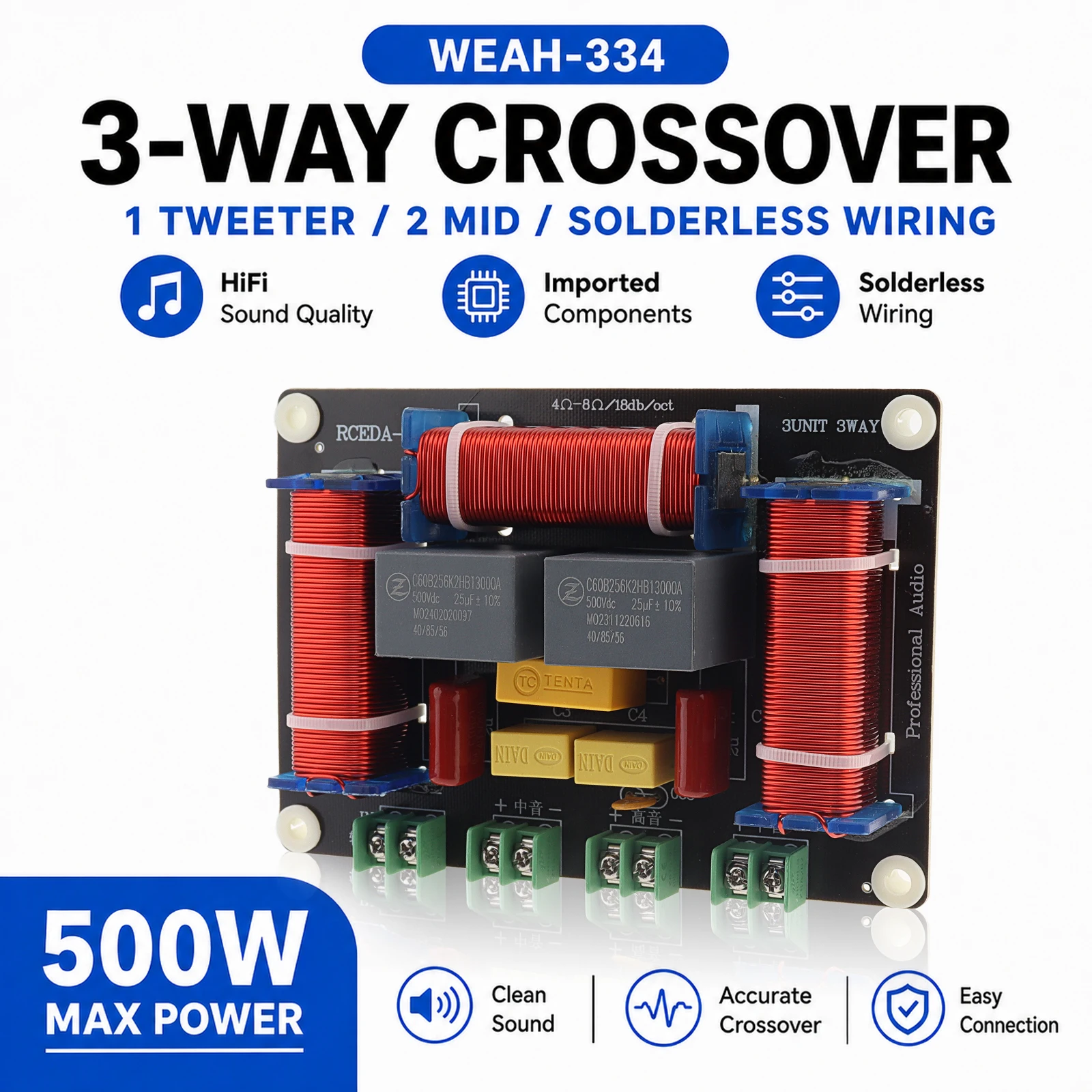 500W Frequency Divider 4 - 8 Ohm 1 Tweeter 2 Mid Range Hi Fi Audio Frequency Divider Board for Speaker