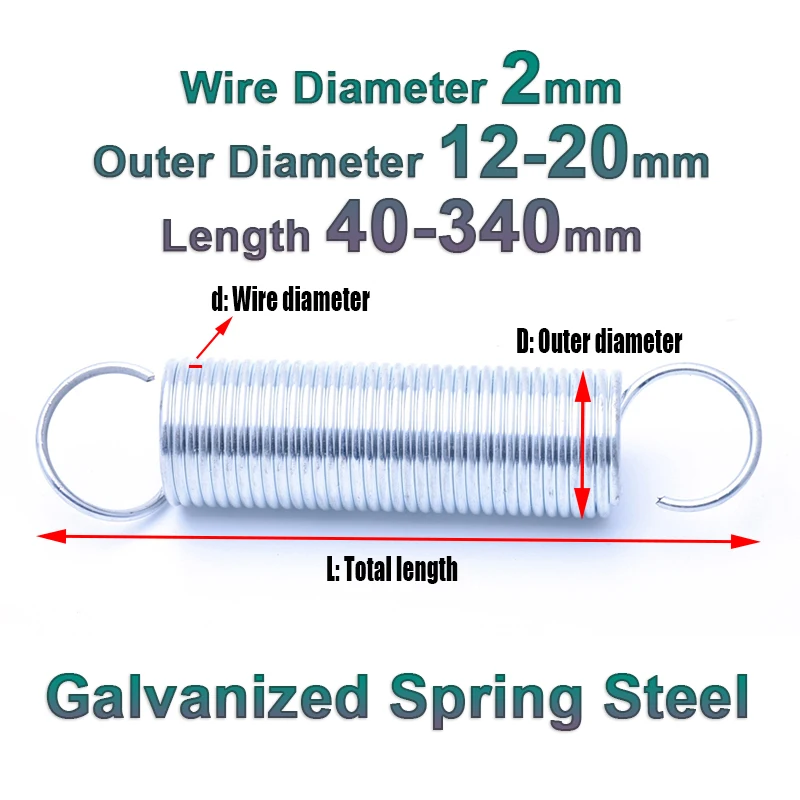 Open Hook Tension spring Galvanized Expansion Extension Springs Wire Dia 2mm Zinc Plated Spring Steel Pullback Spring OD 12-20mm