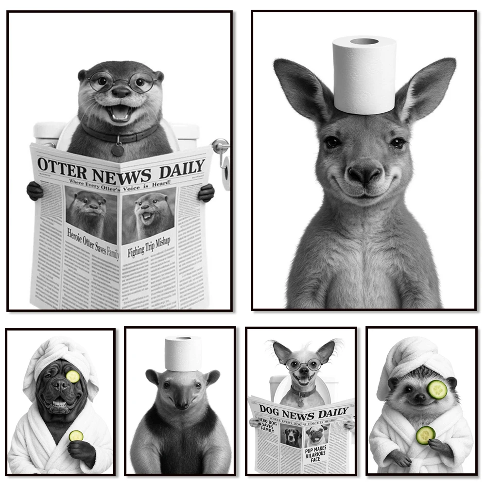 Anteater, otter, ostrich, Korean Mastiff, kangaroo, Chinese Crested Dog, hedgehog reading newspaper bathroom decoration poster