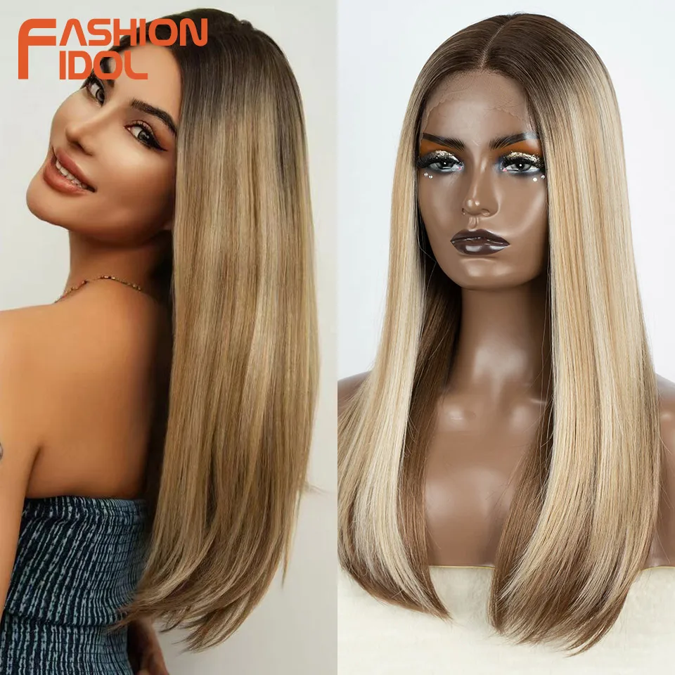 FASHION IDOL 22 Inch Lace Front Wig Synthetic Hair Ombre Brown Blonde Short Bob Wigs For Women Heat Resistant Fiber Cosplay Wig
