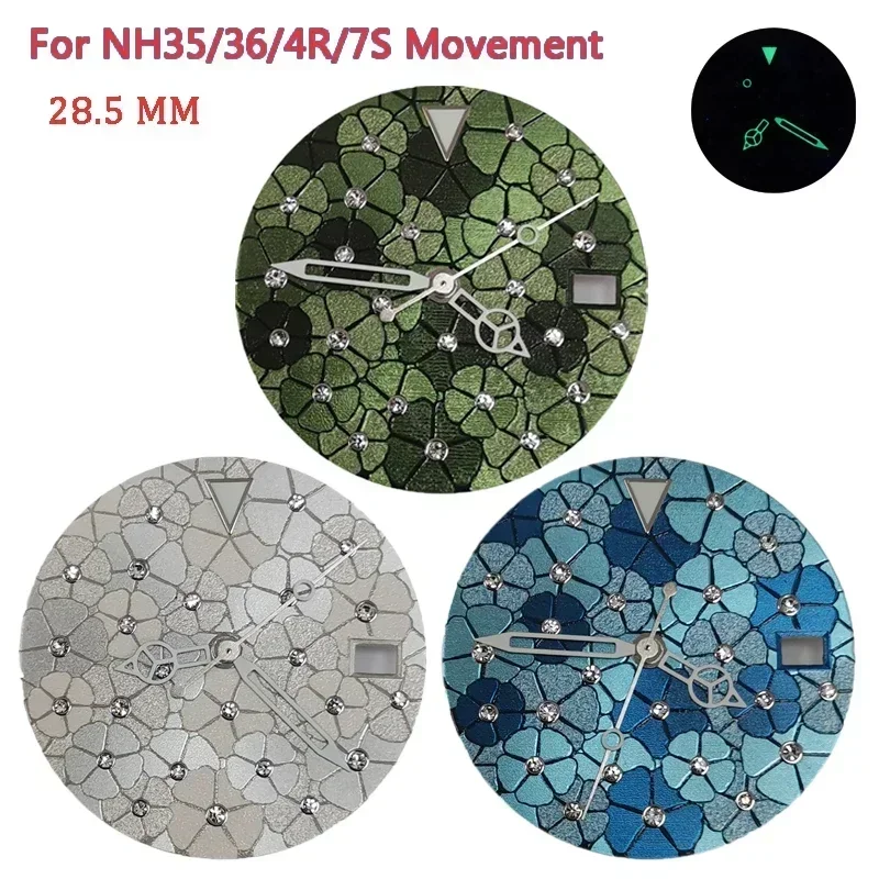 28.5mm Watch Faces Inlaid Watch Dial + Skeleton Hands for Men Women Watch Modification Accessories for NH35/NH36/4R/7S Movement