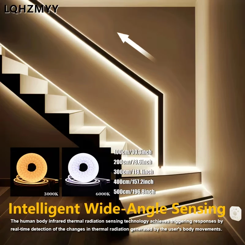 Bande lumineuse LED avec détecteur de mouvement de 1 à 5 m, avec interrupteur à détecteur de mouvement humain, effet de poursuite de lumière néon, bande flexible avec interface USB, 3000K/6000K en option, bande lumineuse avec effet de météore, lumières courantes avec interface USB, adaptées aux lumières de poursuite pour escaliers, lumières courantes pour couloirs, balcon, utilisation intérieure/extérieure, design d'éclairage moderne. |   Bande lumineuse néon flexible |   Escaliers