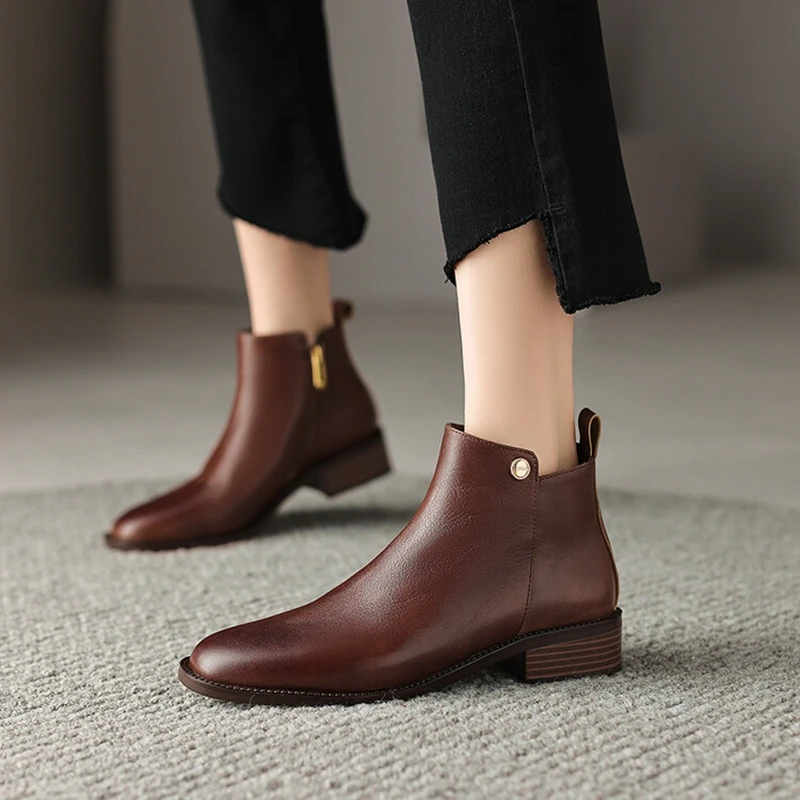 NEW Autumn Women Boots Round Toe Low Heel Boots Women Genuine Leather Shoes for Women Retro Zip Brown Ankle Boots сапоги женские