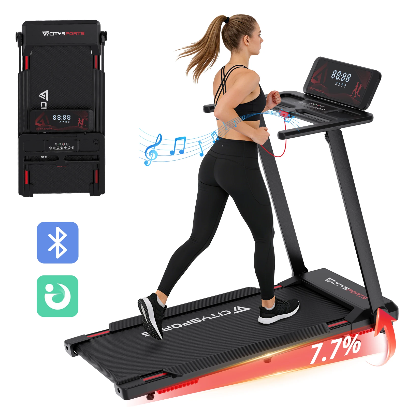 CITYSPORTS PRO Tapis de Course, Tapis de Course Inclinable 7.7%, Tapis de Course Électrique Pliable, 2.0 HP Tapis Roulant avec Affichage LED, Bluetooth, APP, 8km/h,120kg