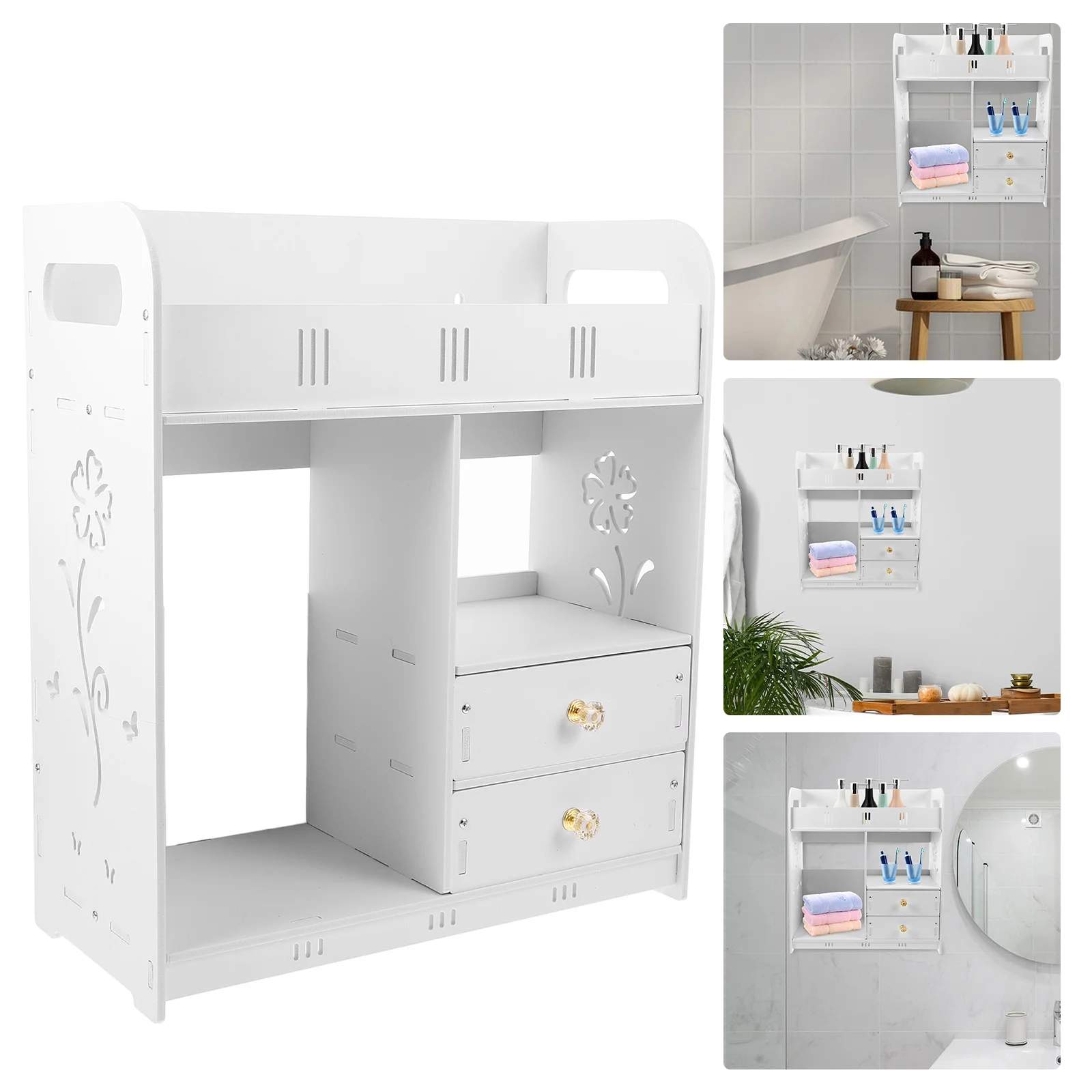 

No Punching Bathroom Storage Rack Shelves Medicine Cabinet Plastic Wall Mount Sponge Holder Wood Shelf