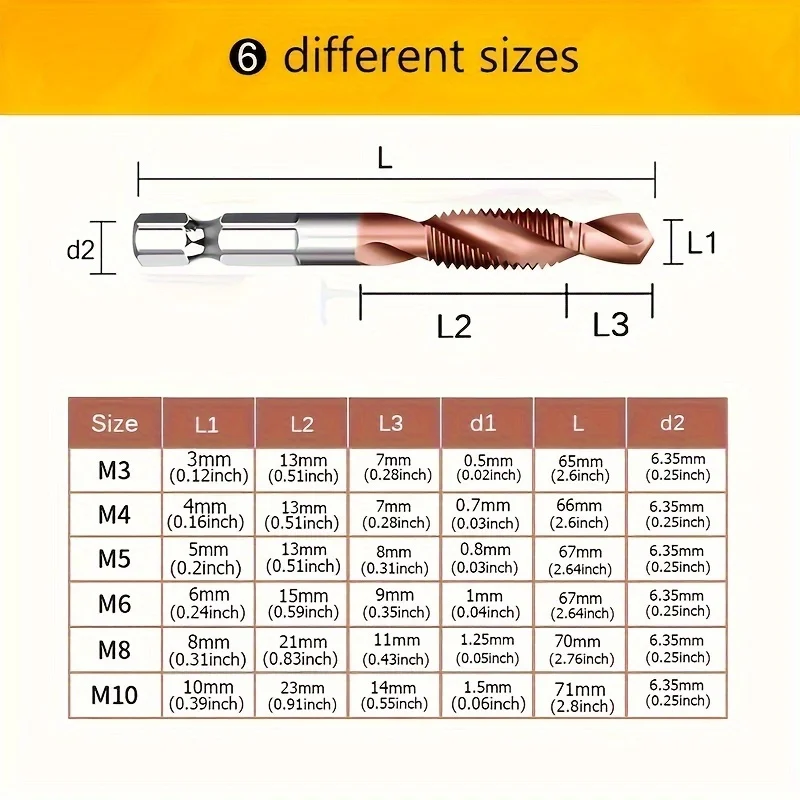 6-Piece High-Speed Steel HSS Cobalt Plating Drill Tap Countersink Deburr Set - Metric Combination Drill Tap M3 M4 M5 M6 M8 M10,