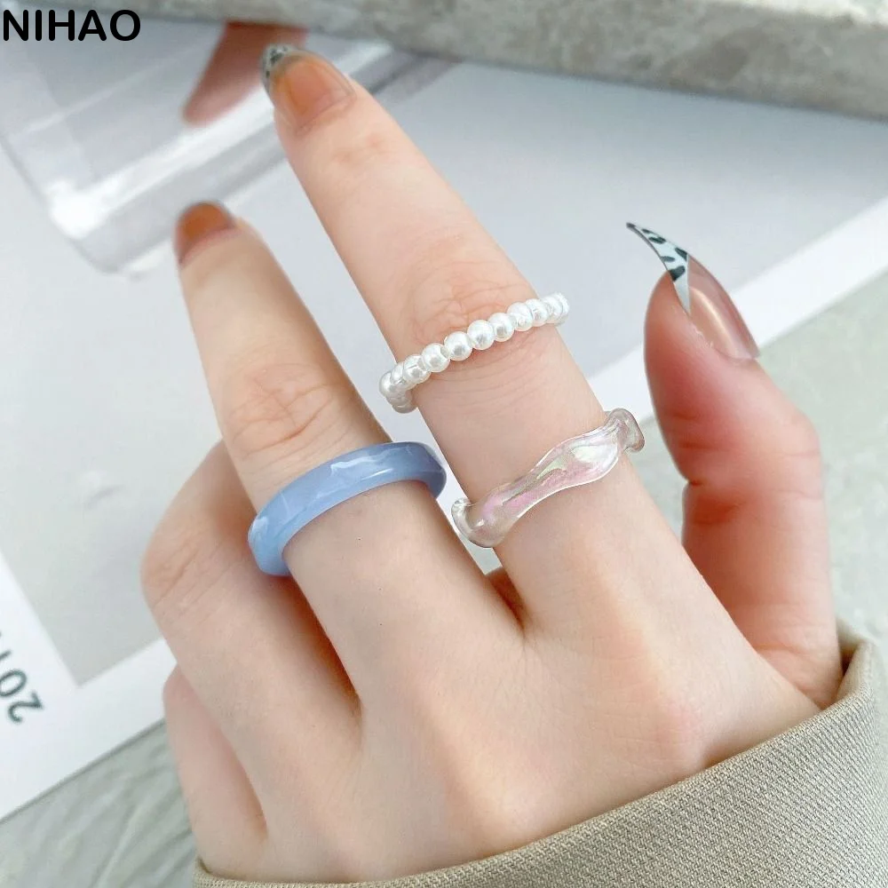 Accessories Street Essentials Acrylic Jewelry Women Pearl Ring Set Korean Style Resin Ring Popular Accessories Party Favors