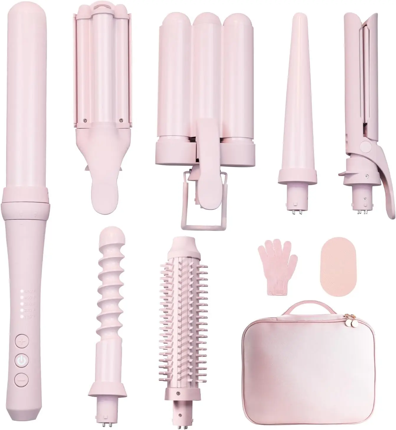 7-in-1 Curling Iron Set with Interchangeable Barrels, Heated Brush, Straightener, Ceramic Coating, Pink Bag