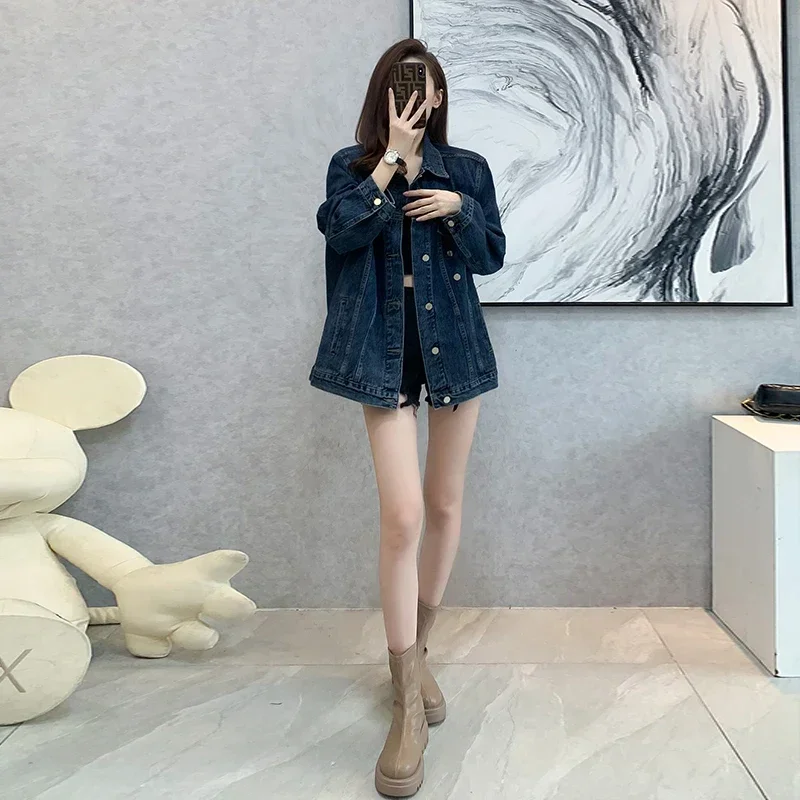 Spring Autumn Denim Jacket for Women Streetwear Vintage Hip Hop Loose Casual Boyfriend Girls Cowboy Coat Outerwear