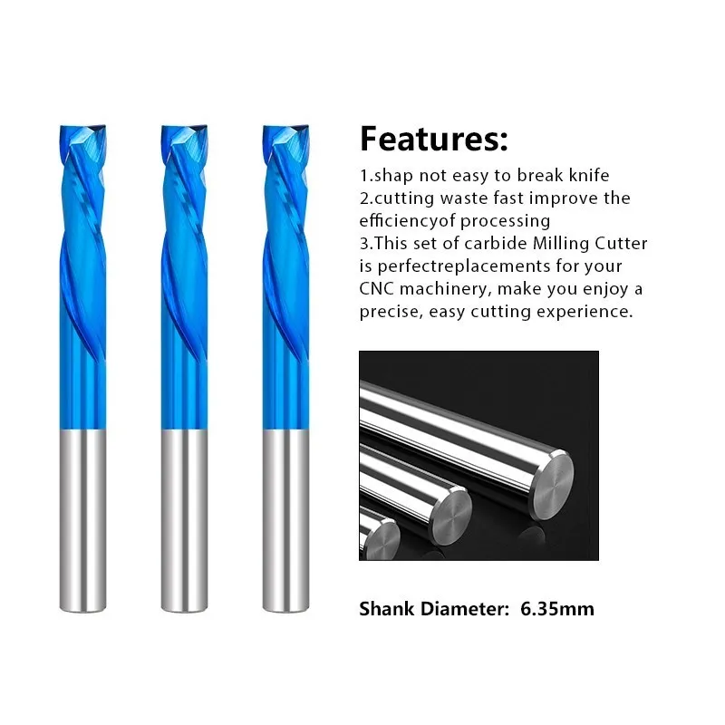 End Mill 3.175/4/5/6/6.35/8/10mm Shank Compression Milling Cutter 2 Flute CNC Router Bits Carbide Nano Blue Coated Milling Tools