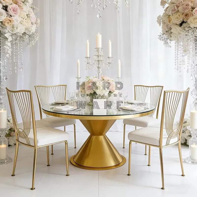 Hot Sale Elegant Stainless Steel Base Glass Top Gold Banquet Table for Wedding