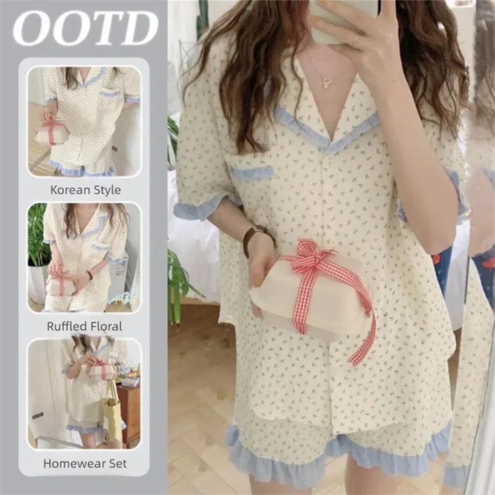 

Lace Design Women Pajamas Set Short-Sleeved Cute Small Flowers Women's Pajamas Shorts Ruffle Detail Summer Pajamas Summer