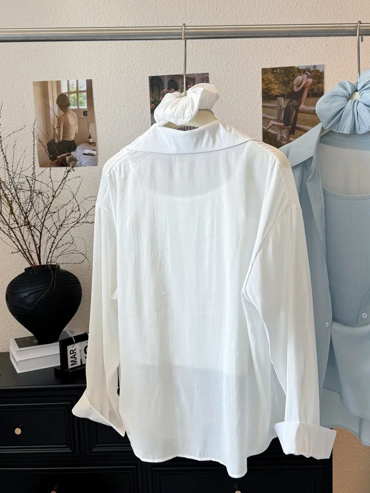 여성 블라우스 2025 여름 새로운 다목적 기질 긴 소매 셔츠 패션 솔리드 컬러 셔츠 Office Lady Elegant Tops