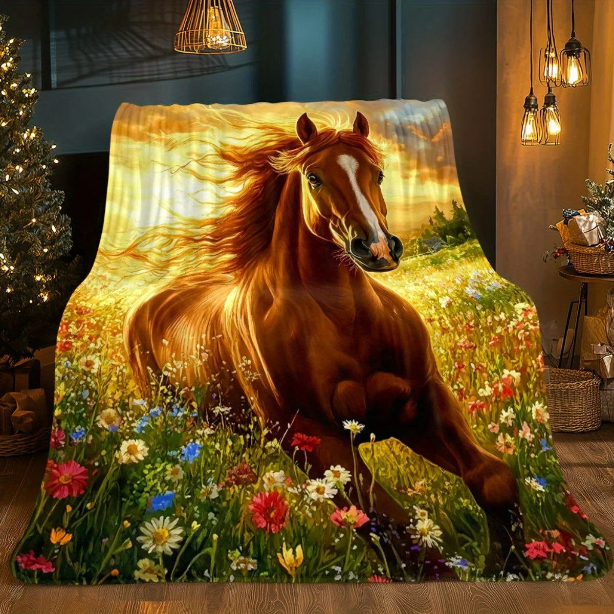 Extra Large Horse Meadow Flannel Blanket - Galloping Brown Horse & Wildflowers Sunset Design, Ultra-Soft Heavyweight 280GSM All-