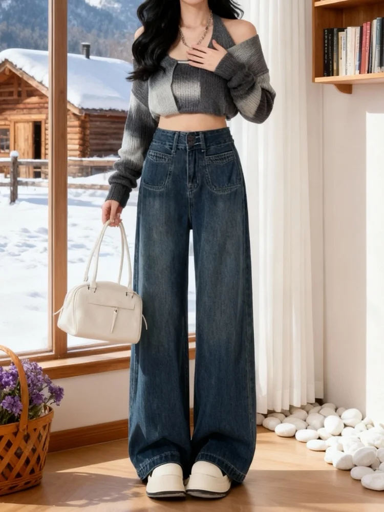 

Женские прямые джинсы Thiened Fce, осенне-зимние большие размеры, расклешенные брюки с высокой талией, скрывающие бедра, широкие брюки