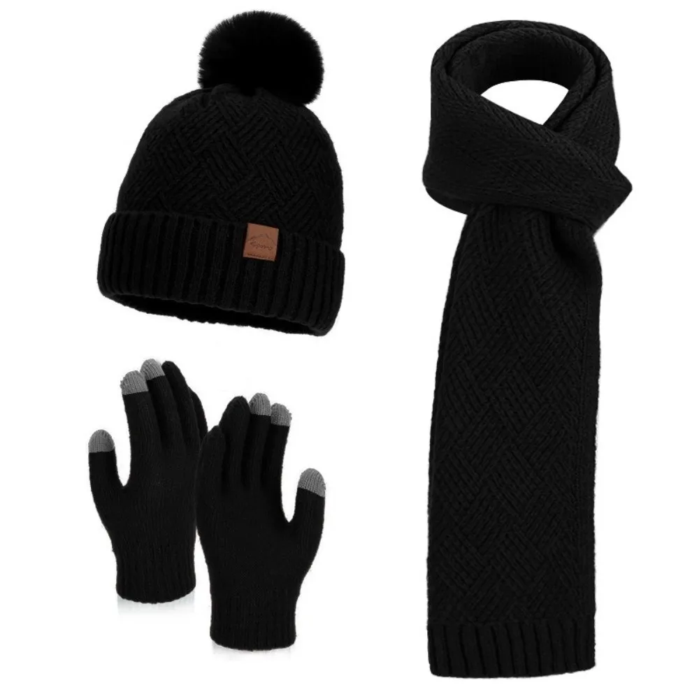 3Pcs/Set Warm Winter Hat Scarf Gloves Set Lining Thicken Scarf Neck Warmer Suit Elastic Soft Knit Beanie Snood Set