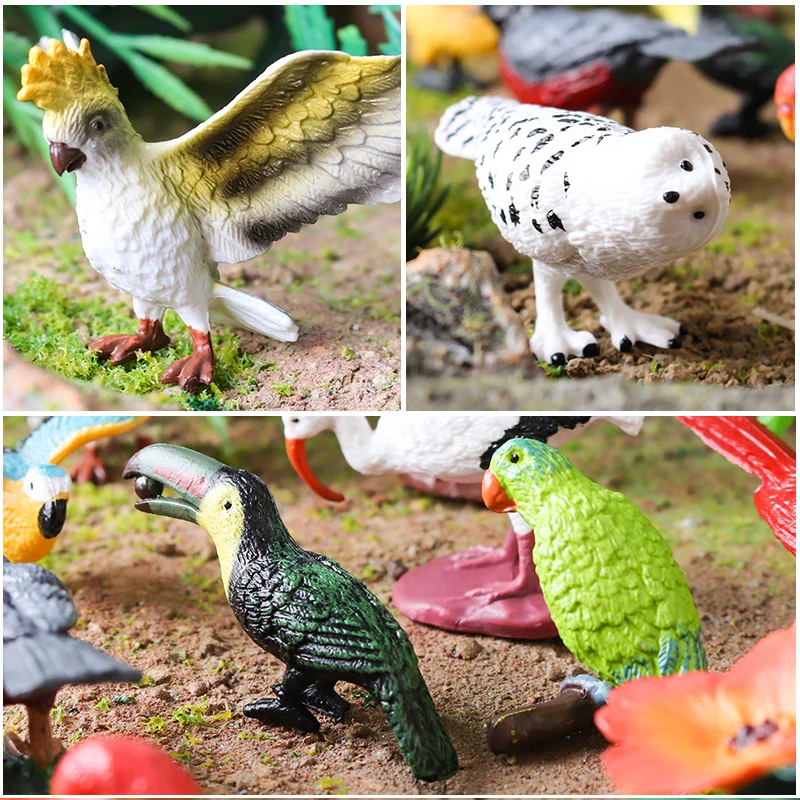 Oenux Bird Animal Parrot Flamingos Hummingbird Owl Magpie Model Action Figure Figurines Miniature Education Kid Toy Cake Toppers