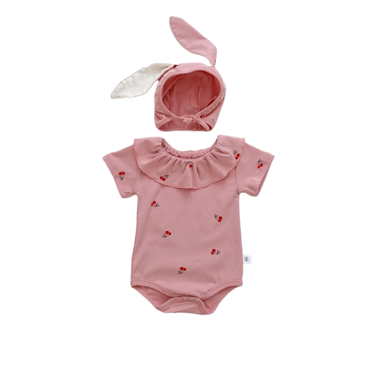 2023 New In Summer Infant Newborn Girls Short Sleeve Cherry Print Outfits Jumpsuits Kids Baby Cotton Clothing Bodysuits Gift Hat