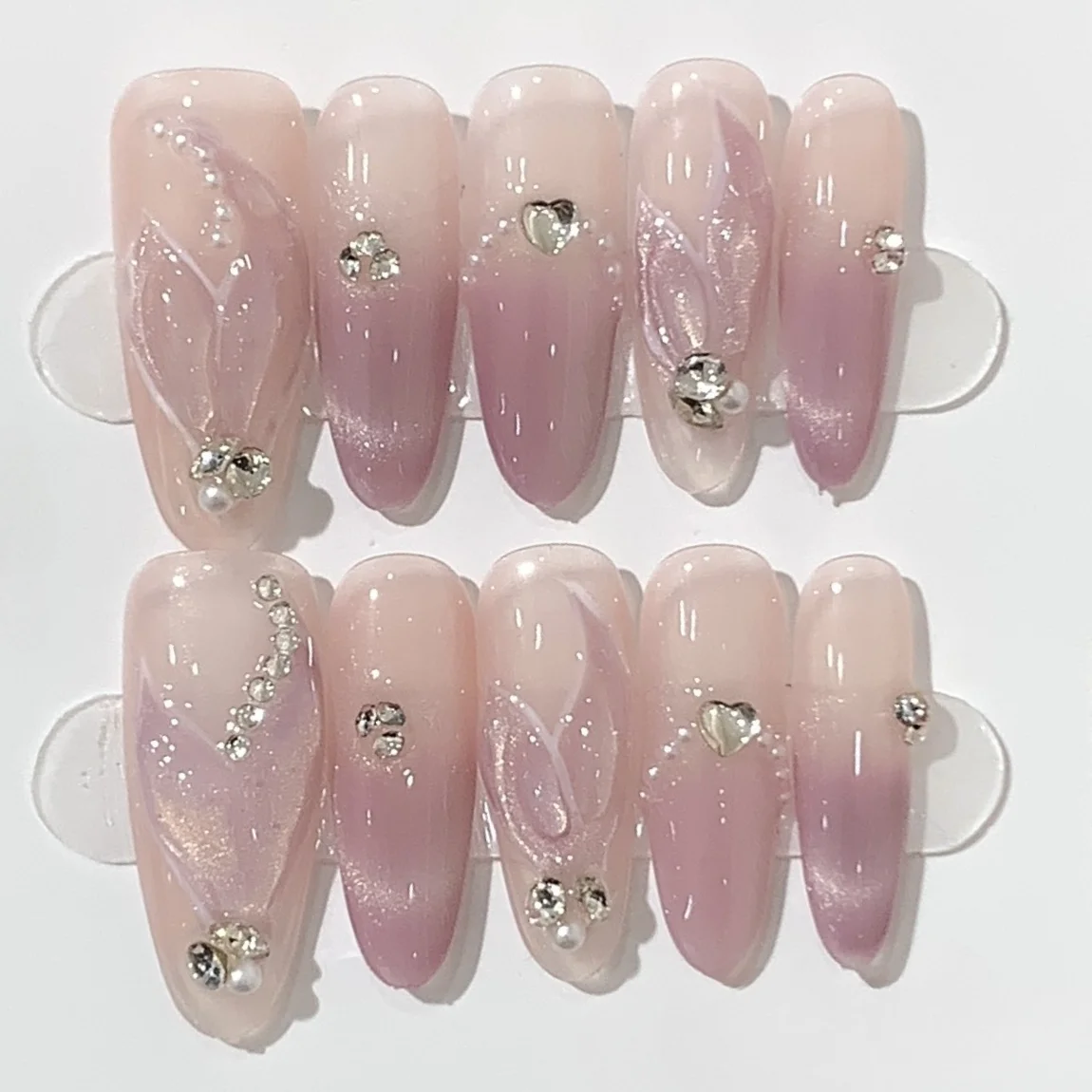 10 pçs amêndoa artesanal imprensa em unhas capa completa strass gravata borboleta design artificial unhas falsas wearable manicure dicas de unhas