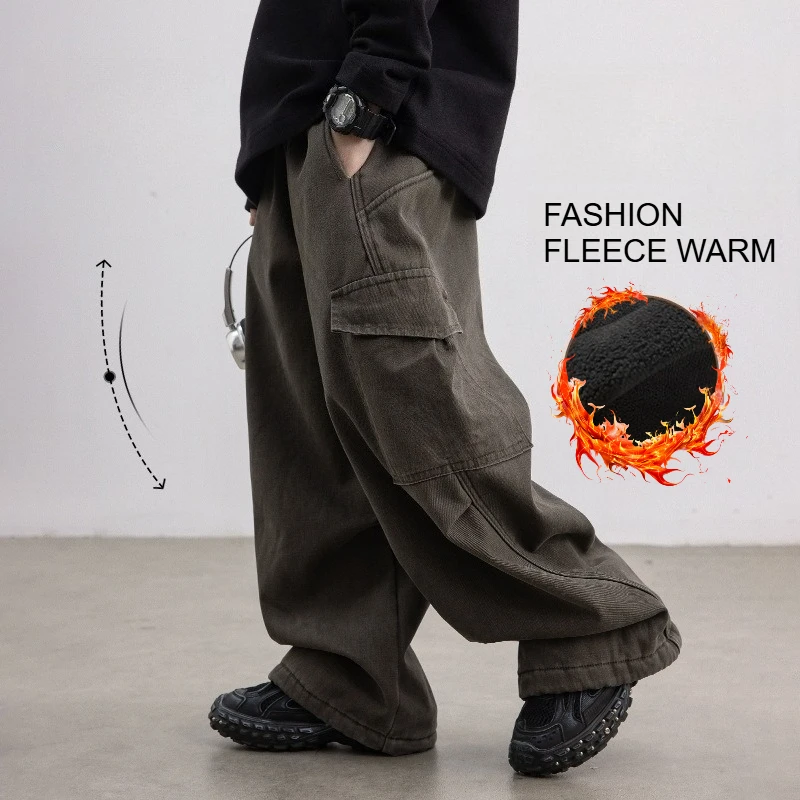 

Школьные зимние брюки-карго для мальчиков-подростков, утолщенные детские беговые брюки на флисовой подкладке, теплые брюки, повседневные зимние брюки для холодной погоды