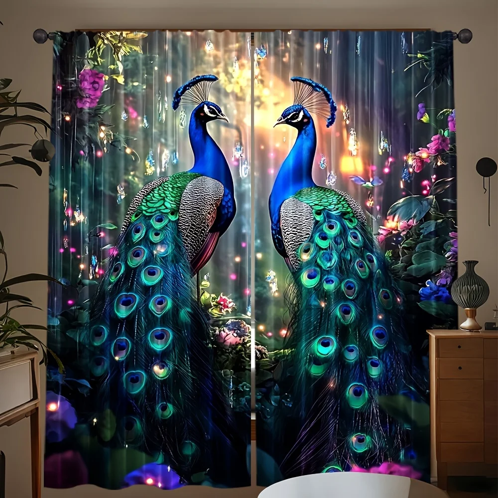 Blue Peacock and Flower Garden Curtains 3D Printed Window Drapes Magical Forest Theme Home Decor Artistic Interior Design