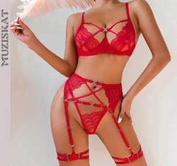 MUZISKAT 2024 New Embroidery Erotic Lingerie Cross Gather Sexy Hollow See-Through Four-Piece Suit Onlyfans