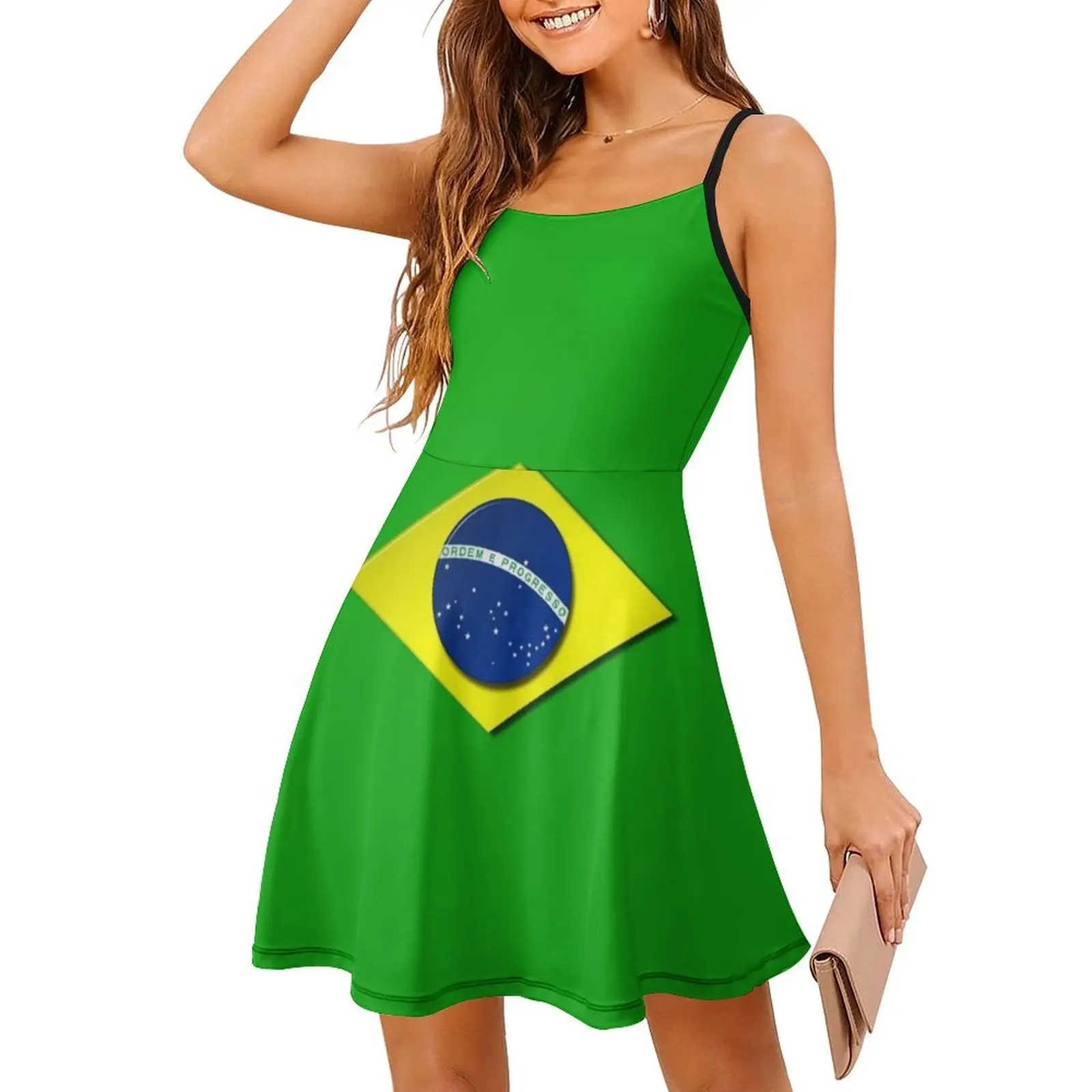 Emblema da bandeira brasileira vestido de festa elegante feminino vestido linha a com opções curtas/longas/sem mangas emblema da bandeira brasileira do brasil