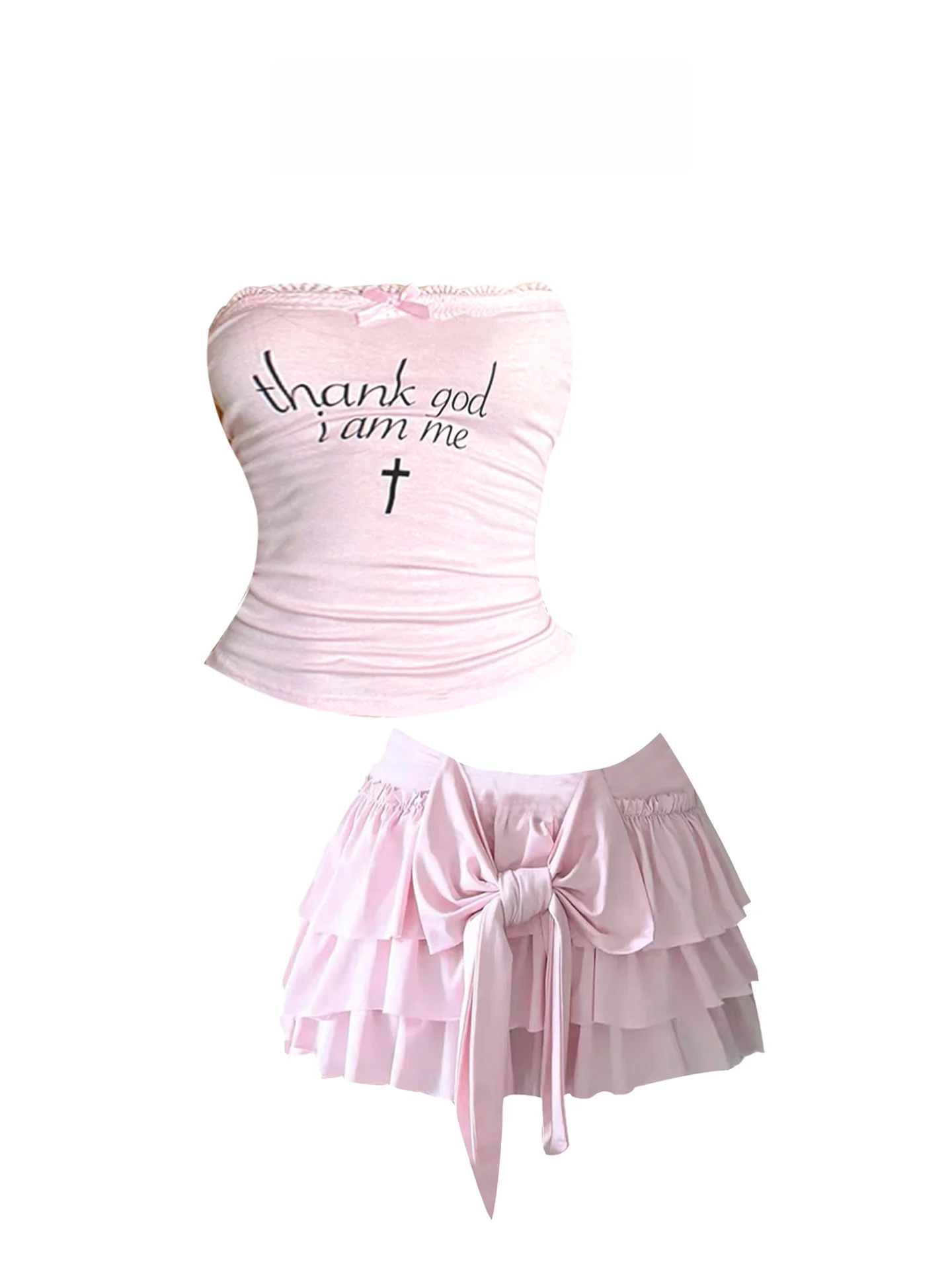 

HEZA Sweet And Spicy Girl Print Lace Trim Crop Top And Skirt Set Women's plus Size Summer Pink Cake Sle Puffy Skirt Ensemble