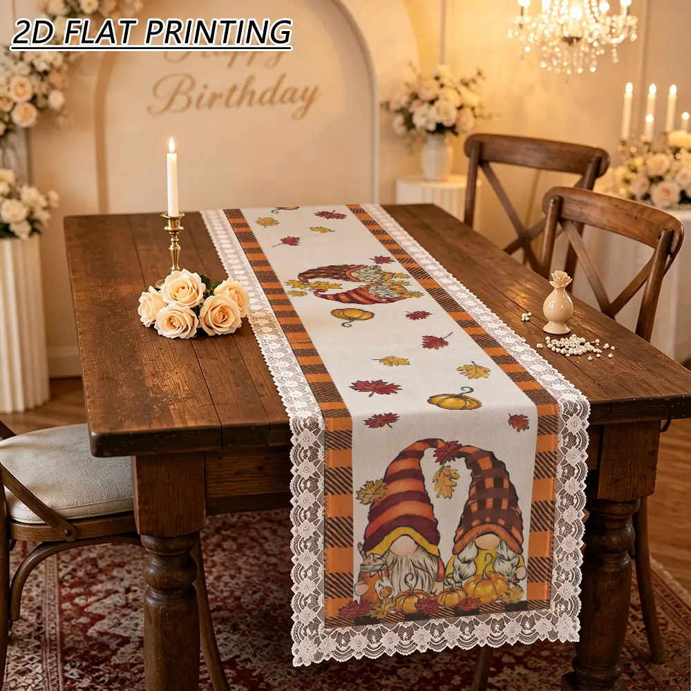 1pc Fall Gnome Pumpkin Pattern Tulle Lace Table Runner For Home Decor Harvest Party