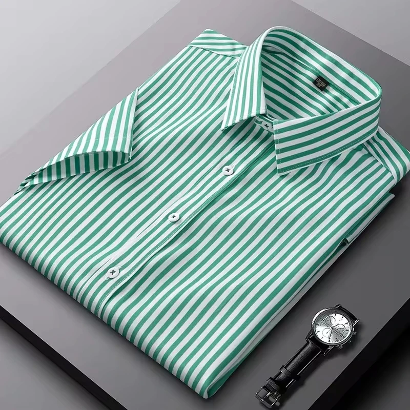 

Brand Summer Elasticity Slim-fit Shirts Men Easy-care Casual Striped Shirts Man Business Short Sleeves Men