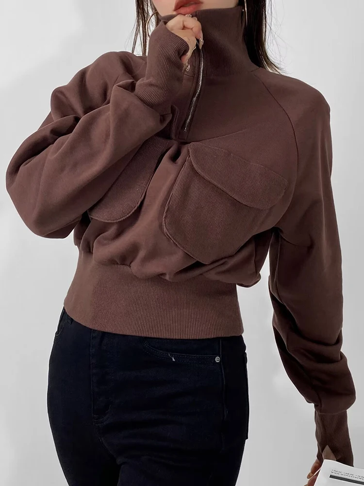 

Women's Zipper Turtleneck Sweatshirt Solid Color Pocket Hoodie Fashion Pullover Top