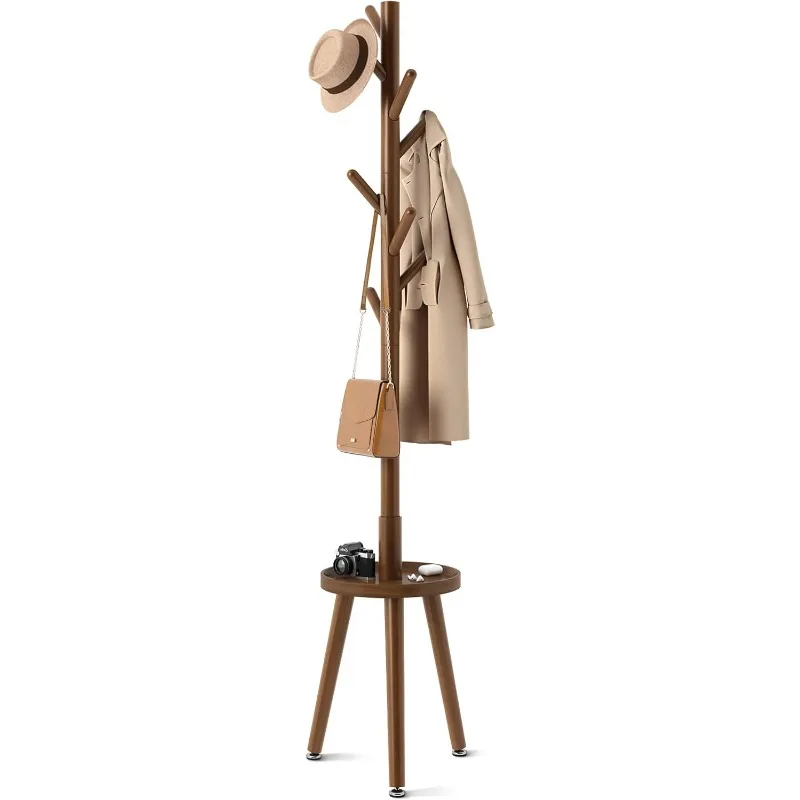 Coat Rack with 8 Hooks, Wooden Coat Rack Freestanding with Shelf, Coat Tree with 4 Height Options 50.5