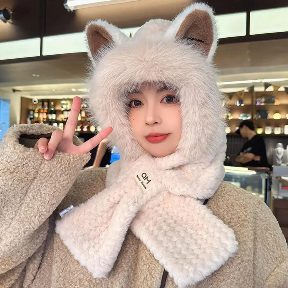 Fox Ear Winter Hat Women Hat Ultra-thick Windproof Plush Beanie Hat with Fox Ear Design Super Soft Scarf Fashion for Women