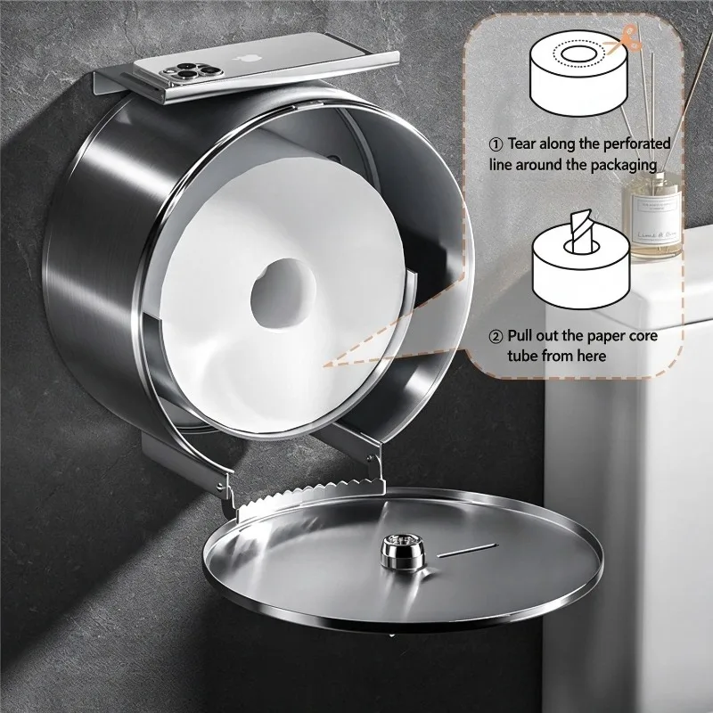 Steel Center Pull Paper Holders Waterproof Large Tissue Holder Wall Mounted Dustproof Roll Dispenser Modern Bathroom Fixture