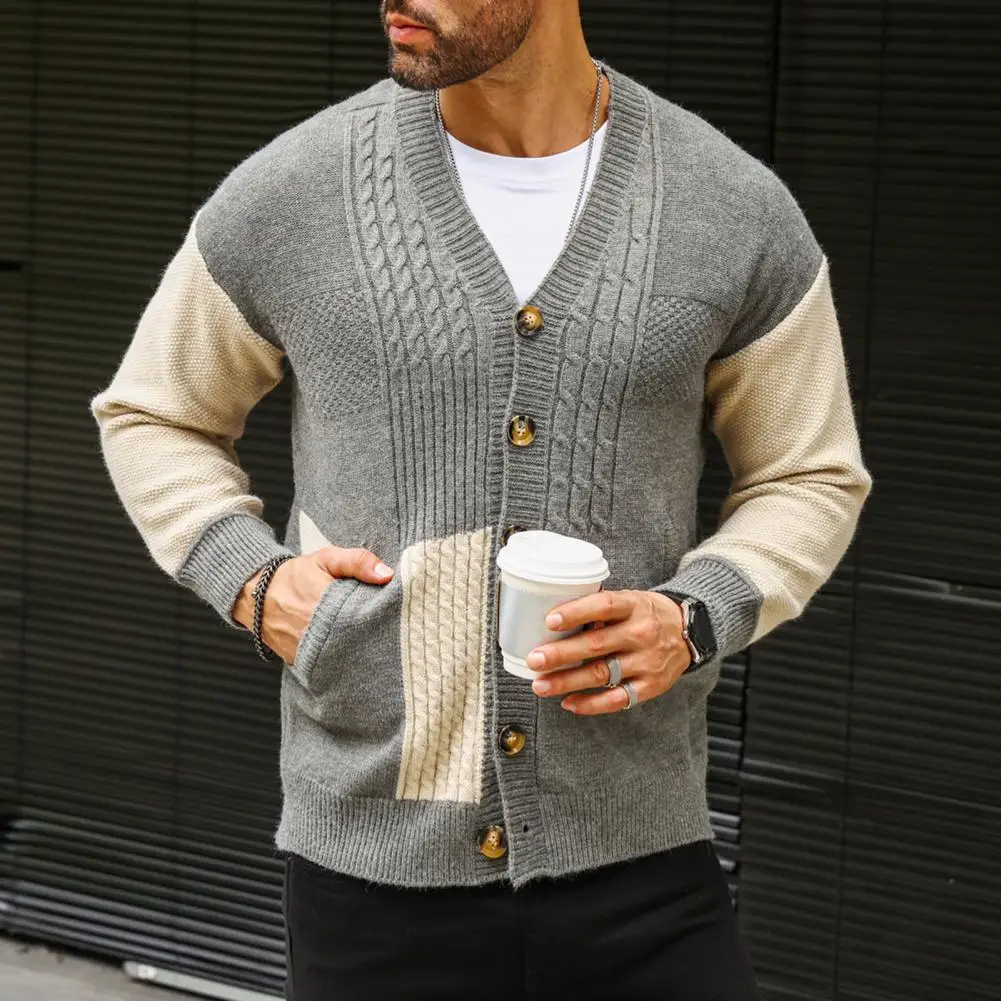 Men Color-blocked Cardigan Jacket Men\'s Colorblock Knitted Sweater Coat with Pockets V Neck Single-breasted Thick for Fall