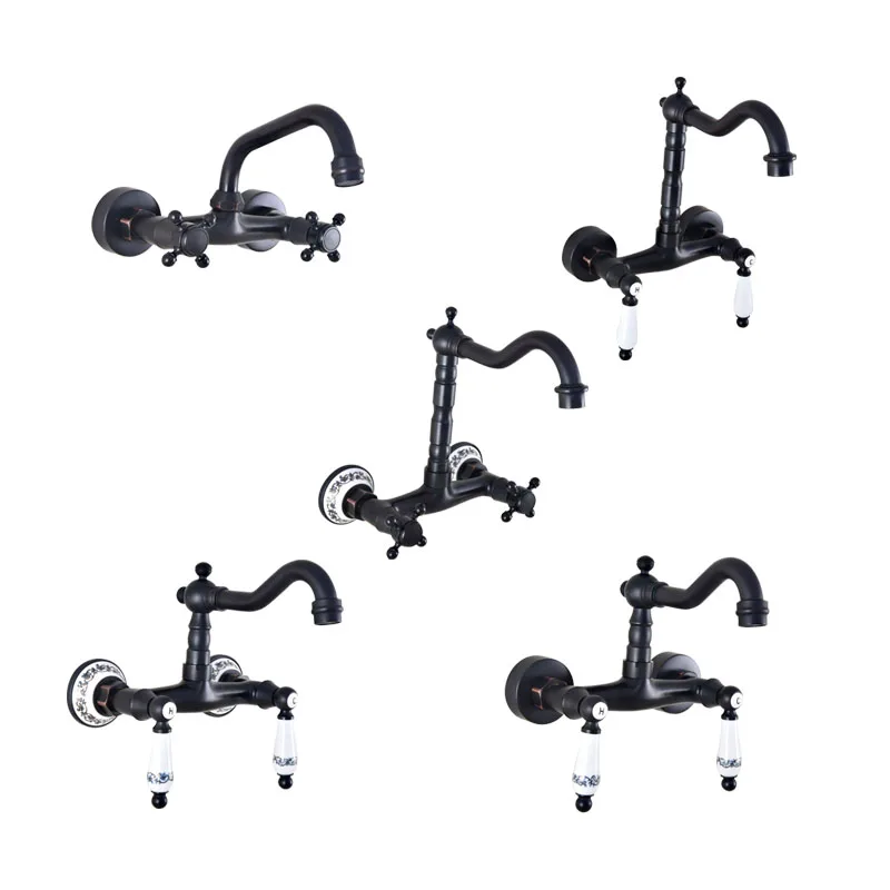 

Black Oil Rubbed Brass Bathroom Kitchen Sink Basin Faucet Mixer Tap Swivel Spout Wall Mounted Dual Handles Levers mzh022