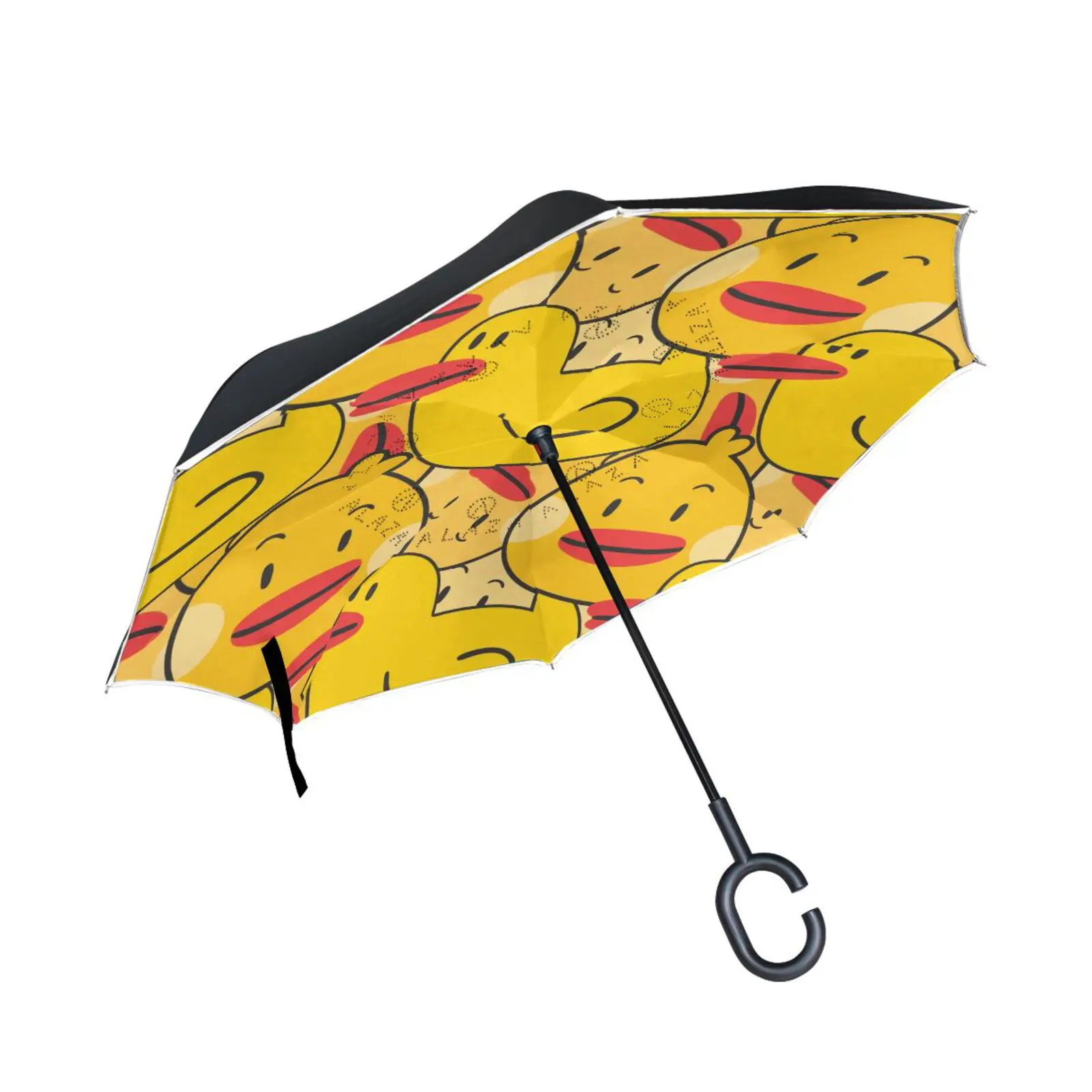 

Cute Yellow Duck Cartoon Long Shank Double Layer Inverted Umbrella Rain Women Windproof C-Hook Male Golf Car Reverse Umbrella