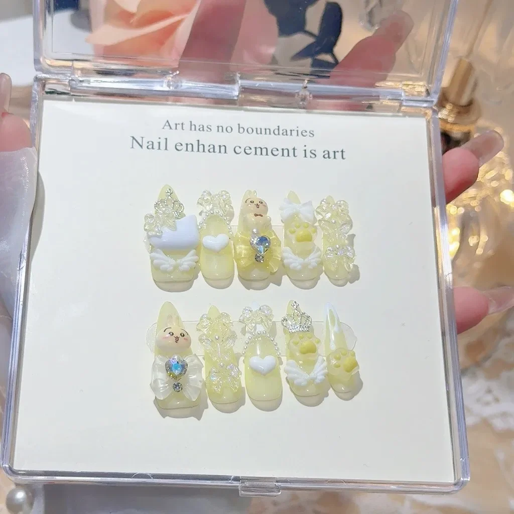 10枚入り Y2K風 可愛い和風ジライ系 手作りプレスオンネイル ギャルアニメ風 偽爪 ヤミカワイイ 3Dリボン キャットクロー ピンクネイルアート