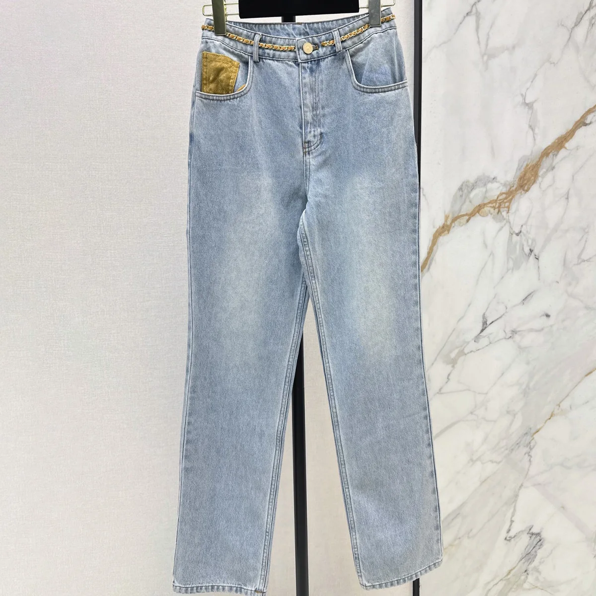 High Quality Women Straight Leg Jeans High Waist Contrast Fabric Patchwork Chain Waistband Casual Denim Pants lyt26101727