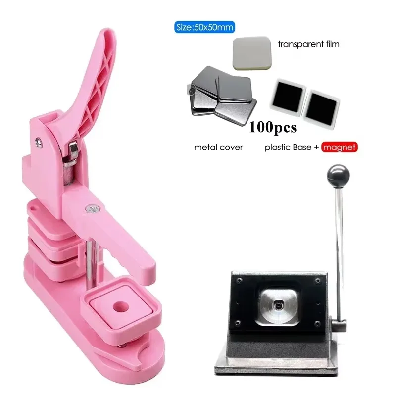 Square Fridge Magnet Machine 50x50 Full Set Machine and Cutter and 100 Sets of Materials Arc Refrigerator Magnet Green Pink Blue