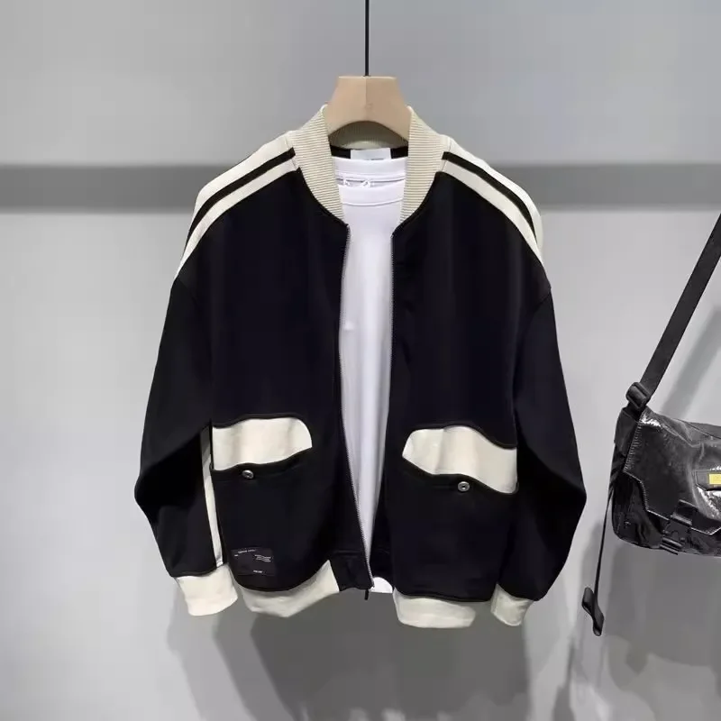 

Autumn and Winter Baseball Uniform Outer Men's Jacket Round Neck Pocket Contrasting Color Fashion Loose Cardigan Top
